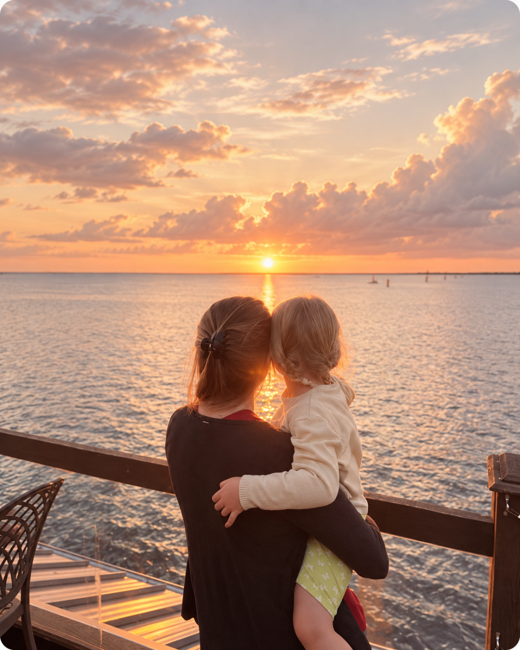 Mutter mit Kind beim Sonnenuntergang am Wasser