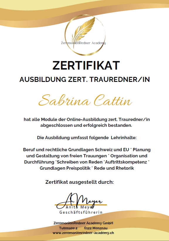 Zertifikat der Ausbildung zur freien Rednerin von Sabrina Cattin